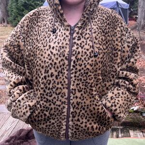 Gallery | Women’s Leopard Print Faux Fur Hooded Zip-up Teddy Jacket | Size S
